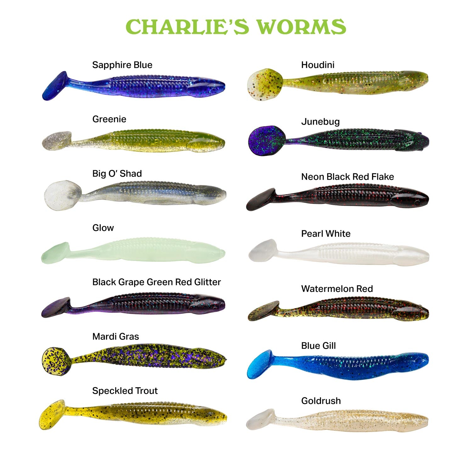 charlie's worms Zipper Dippers Paddle tail swimbait Color Chart